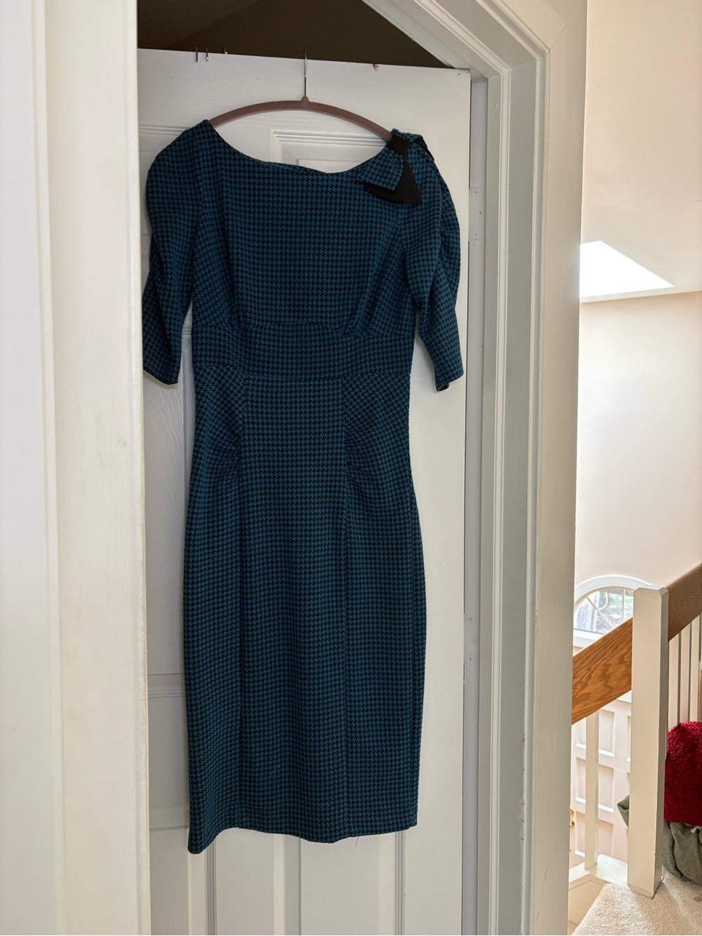 Stop Staring Teal Houndstooth Midi Dress with Bow Detail